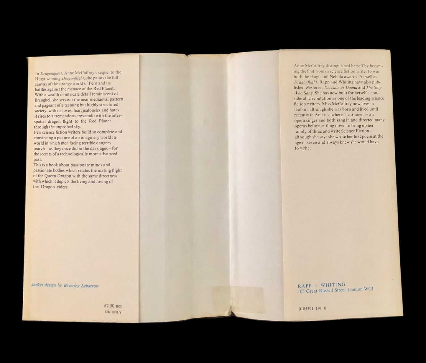 Inside of dustjacket from this copy of Dragonquest' by Anne McCaffrey, first British edition, 1973.