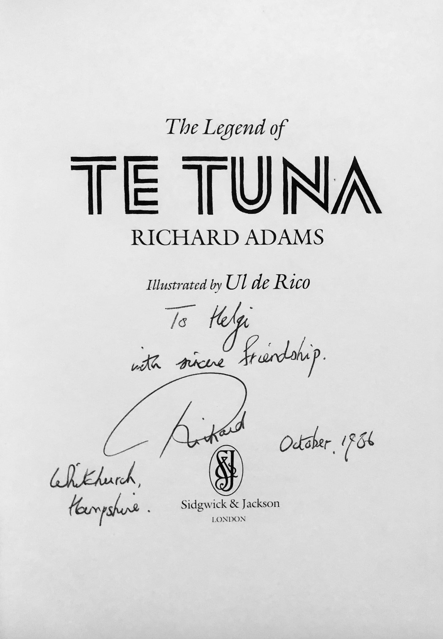 Richard Adams - The Legend of Te Tuna - Presentation Copy, Signed & Inscribed