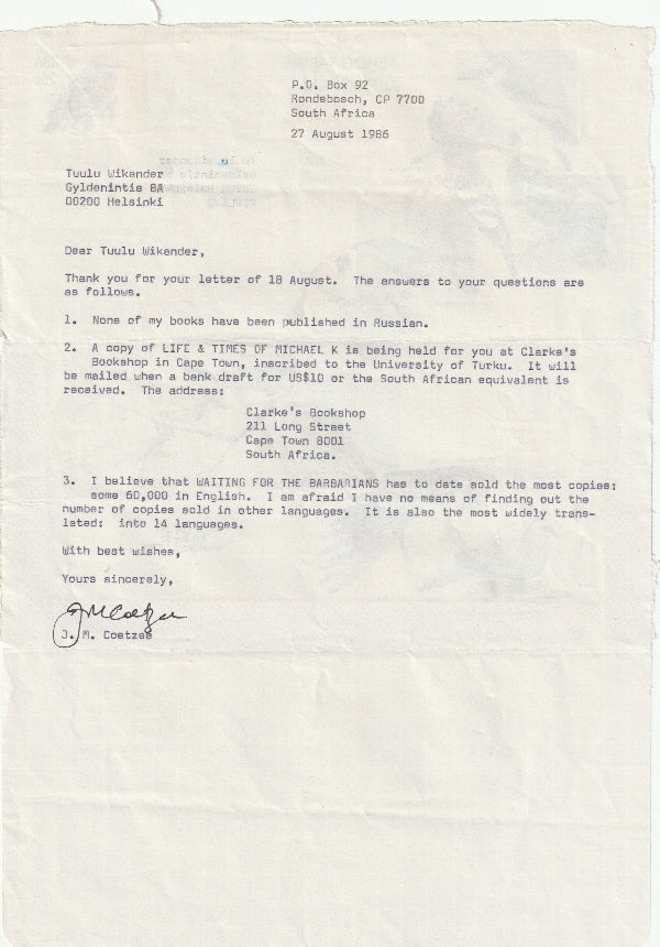 J.M. Coetzee - A Small Collection of Signed Letters with Signed Photograph