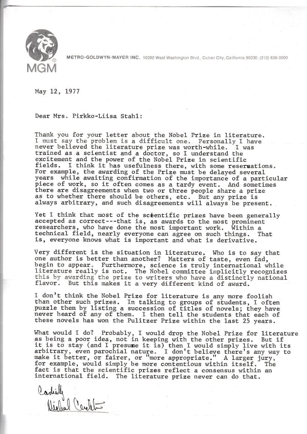 Michael Crichton - A Typed Letter Signed, 1977