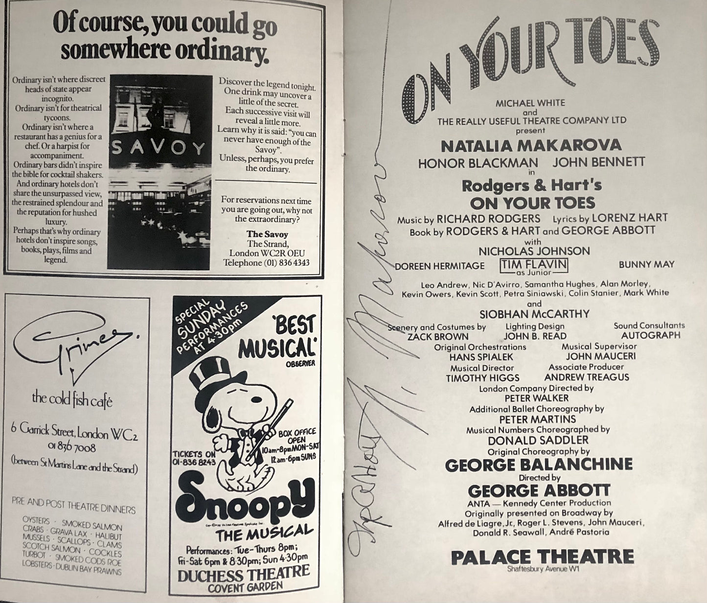 ON YOUR TOES - Theatre Programme Signed by Natalia Makarova and George Abbott