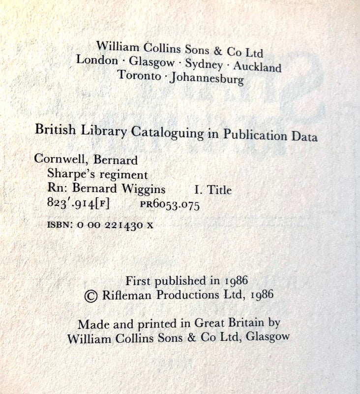 Bernard Cornwell, SHARPE'S REGIMENT, First UK Printing Signed