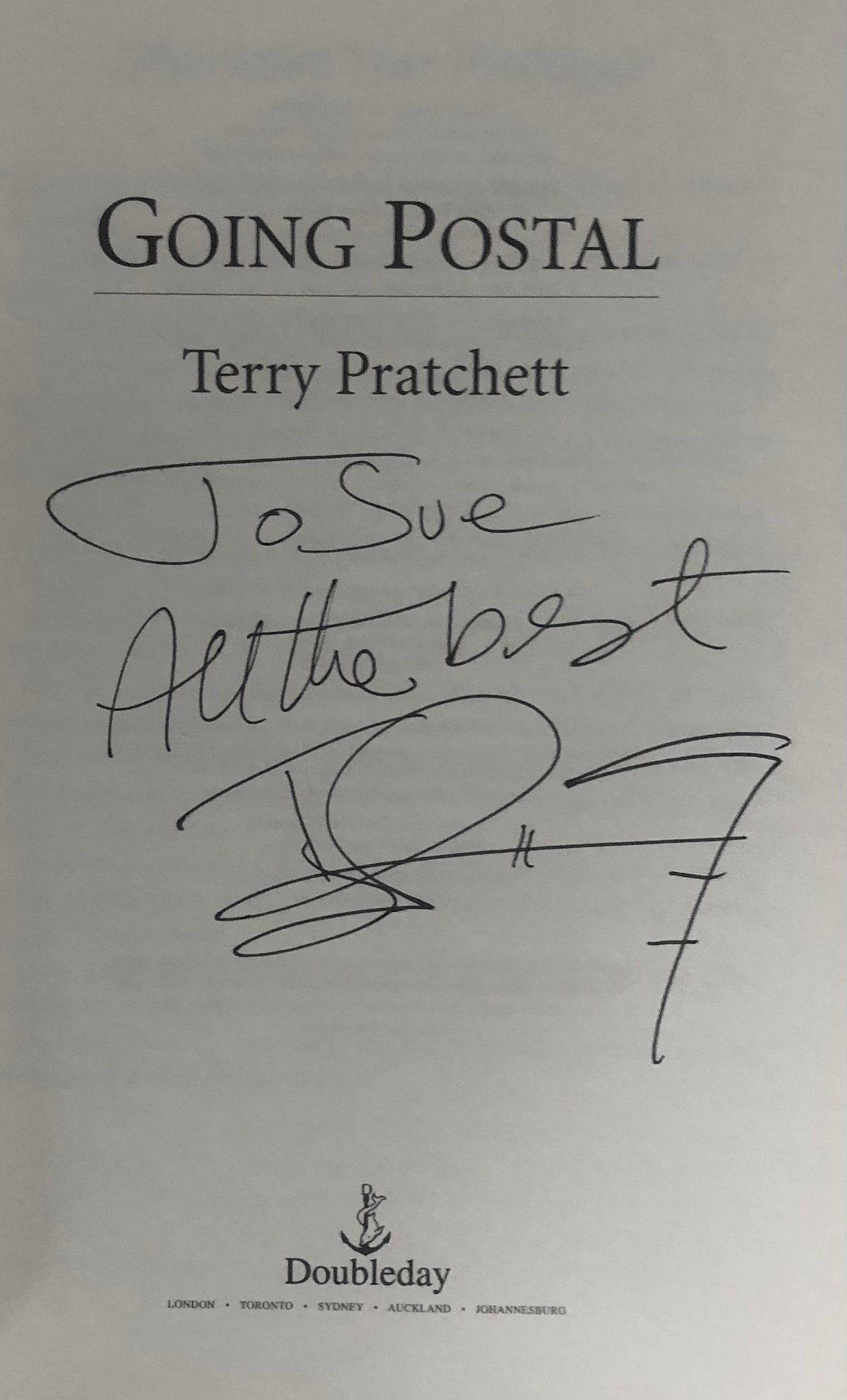 Terry Pratchett's inscription and Signature to title page of Going Postal