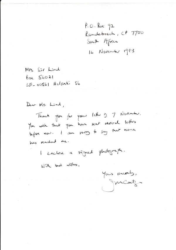 J.M. Coetzee - A Small Collection of Signed Letters with Signed Photograph