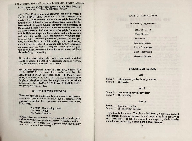 Shirley Jackson THE HAUNTING OF HILL HOUSE Playscript First edition, 1964