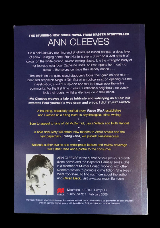 Proof copy of the first book in the 'Shetland' series, 'Raven Black' by Ann Cleeves