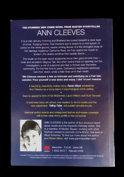 Proof copy of the first book in the 'Shetland' series, 'Raven Black' by Ann Cleeves