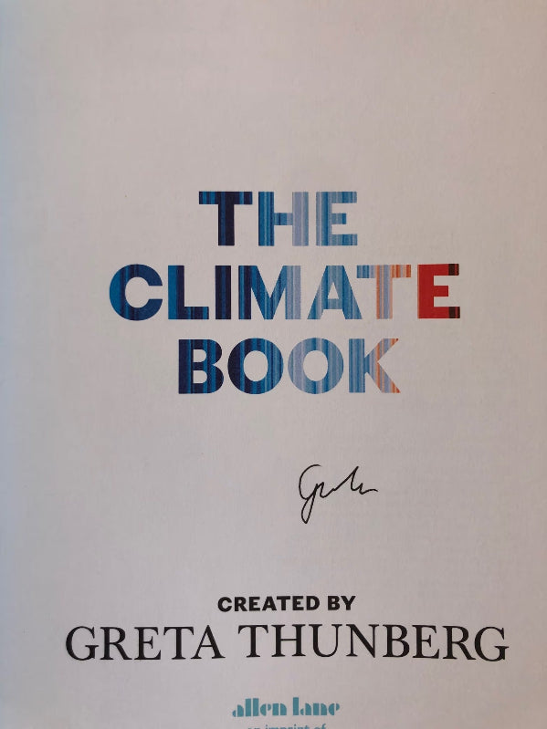 Greta Thunberg's autograph signature on the title page of The Climate Book