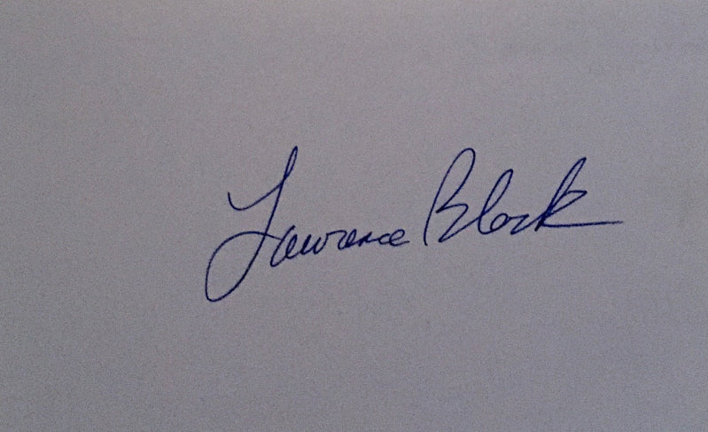 Laurence Block's autograph signature on plain wite index card