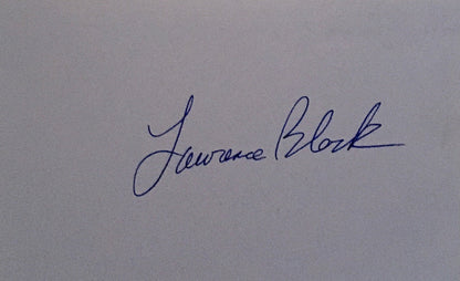 Laurence Block's autograph signature on plain wite index card