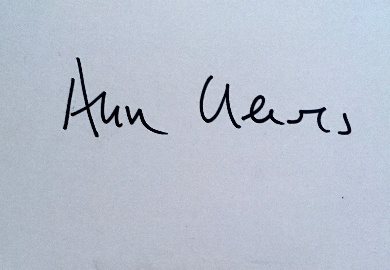 The autograph signature of Ann Cleeves on plain white index card
