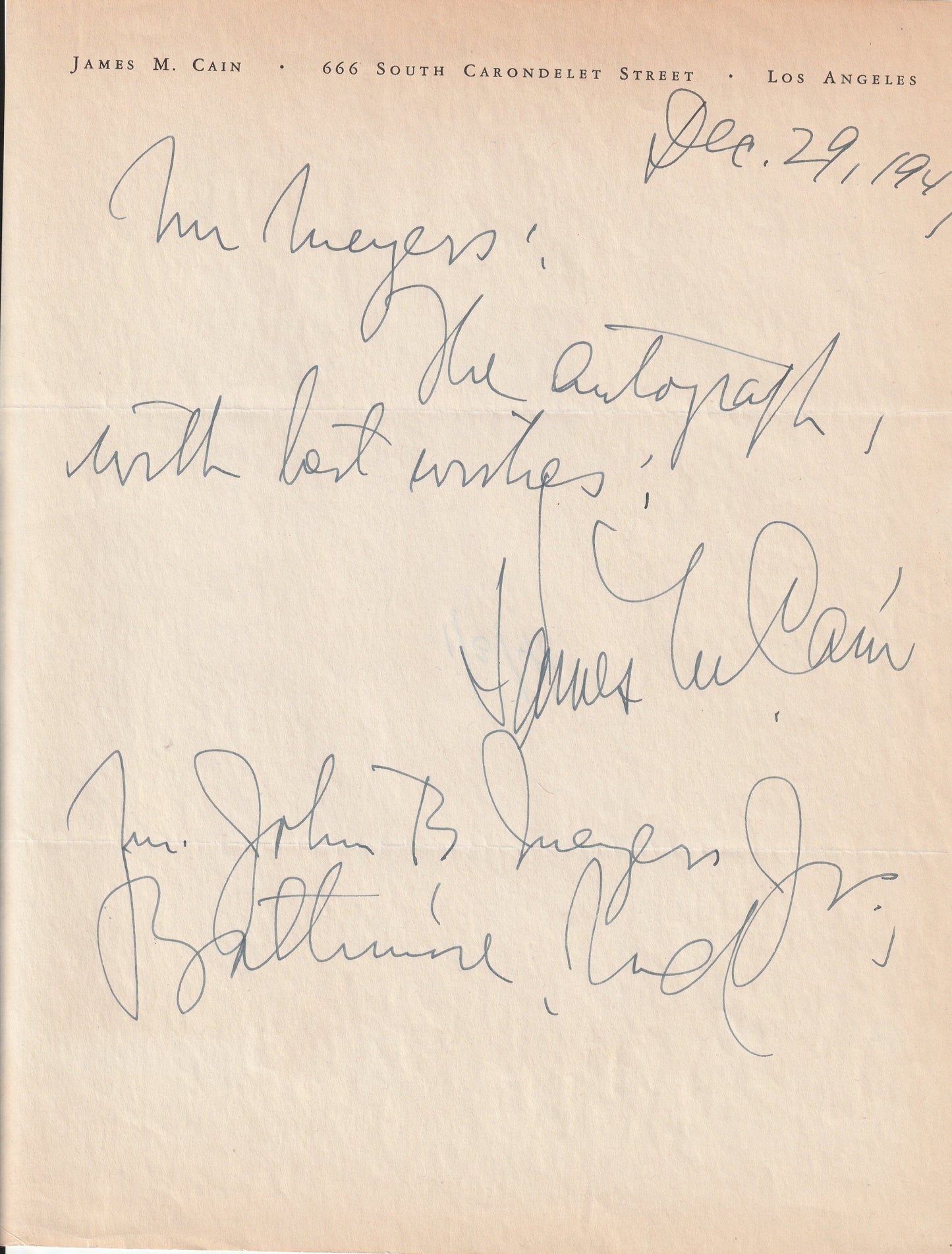 James M. Cain - Autograph Letter Signed