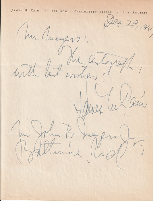 James M. Cain - Autograph Letter Signed