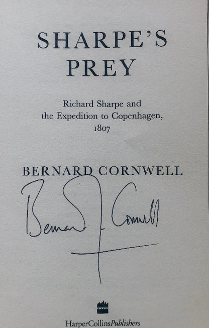Sharpe's Prey by Bernard Cornwell with his signature at the title page