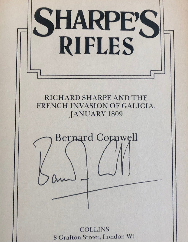 'Sharpe's Rifles' by Bernard Cornwell with signature and publisher details.