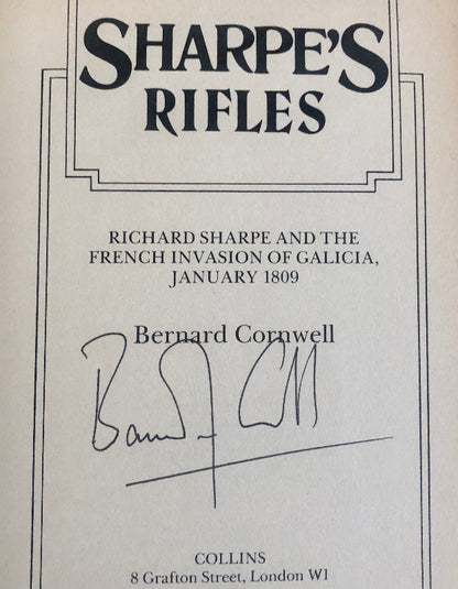 'Sharpe's Rifles' by Bernard Cornwell with signature and publisher details.