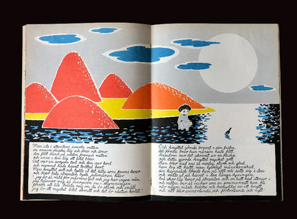 Double-page illustration from Vem Ska Trösta Knyttet?  by Tove Jansson. First Swedish edition of this Moomins picture book, 1960.