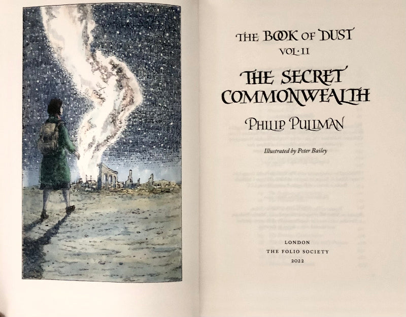 Title page of 'The Secret Commonwealth' from 'The Book of Dust' series by Philip Pullman, illustrated by Peter Bailey.