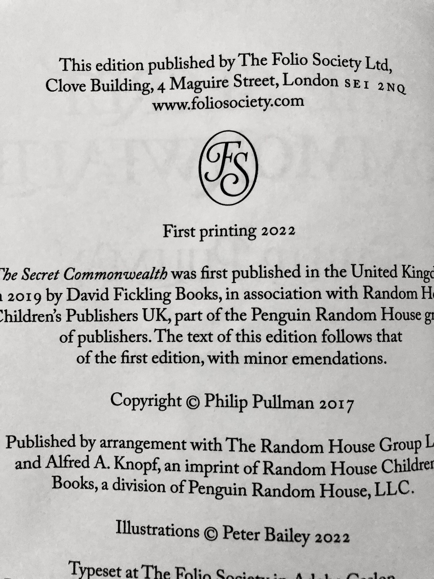 'The Book of Dust' by Philip Pullman, Folio Society edition.publication details and copyright information.