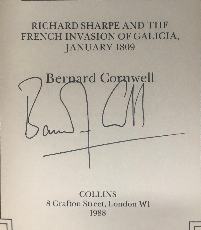 Bernard Cornwell's autograph signature on ths copy of 'Sharpe's Rifles', First Edition.
