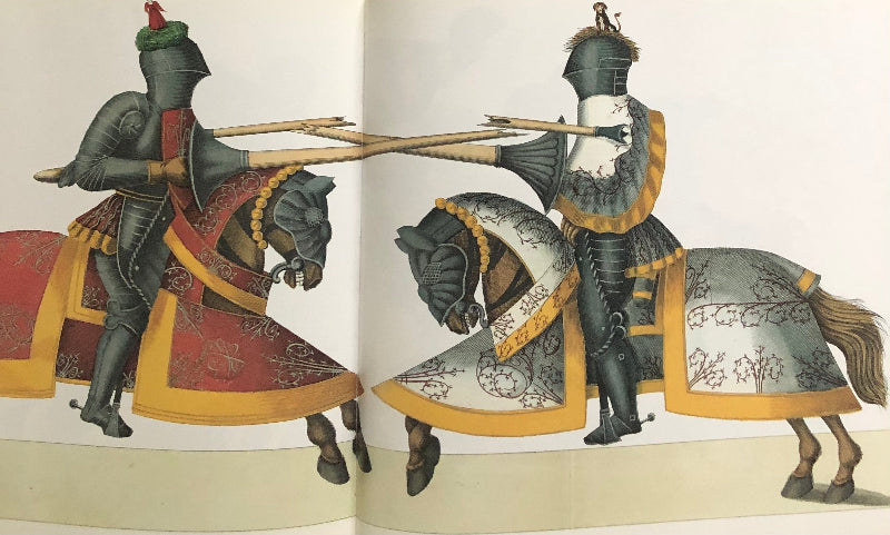 An illustration from the book showing two armored medieval knights on horseback facing each other with lances.