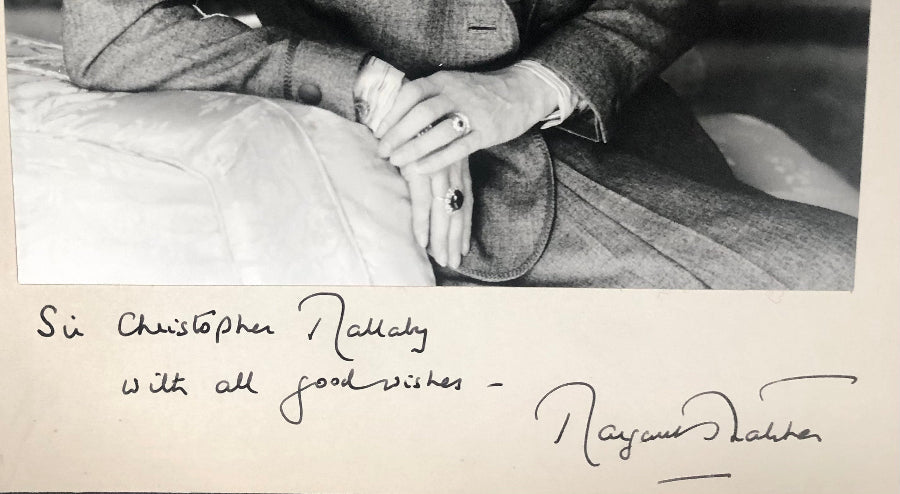 Close-up detail of Mrs Thatcher's inscription and autograph