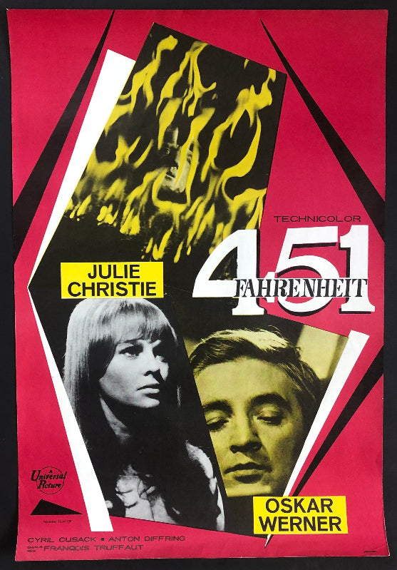 A vintage movie poster for the 1968 film 'Fahrenheit 451' starring Julie Christie and Oskar Werner.