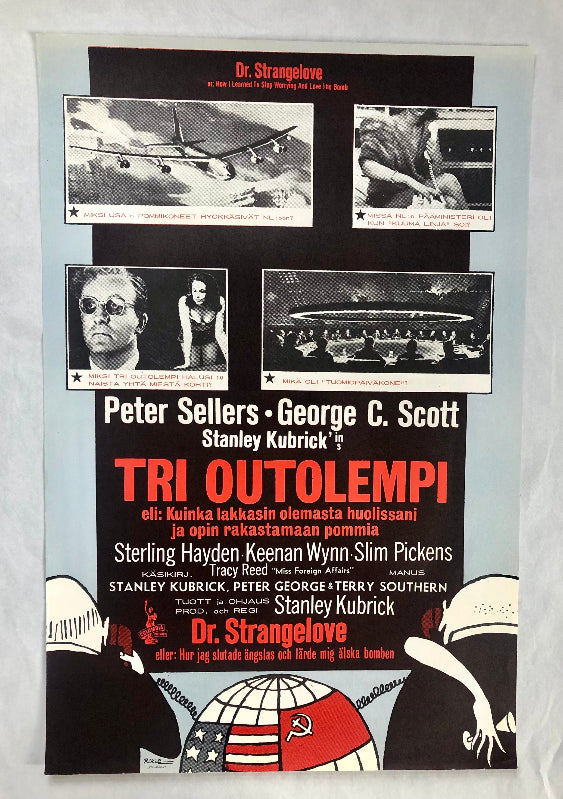 A vintage Finnish movie poster for the film 'Dr Strangelove', directed by Stanley Kubrick and starring Peter Sellers.