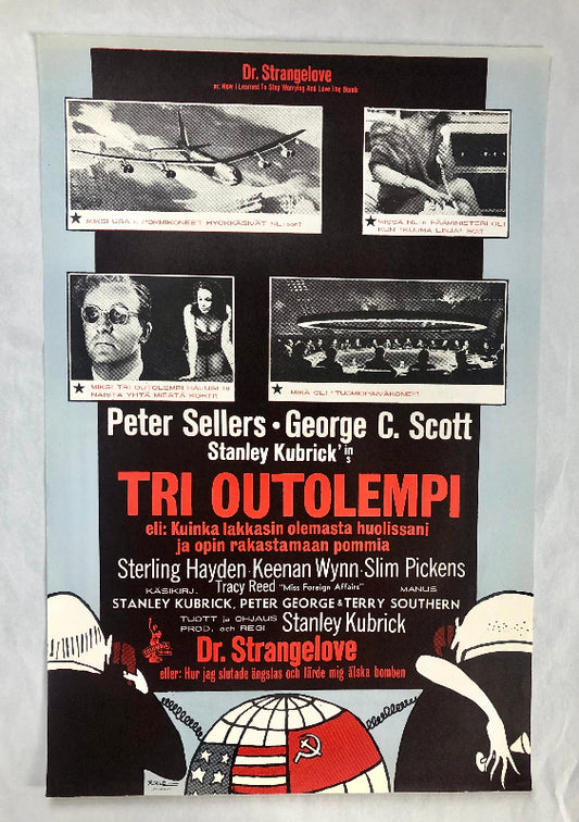 A vintage Finnish movie poster for the film 'Dr Strangelove', directed by Stanley Kubrick and starring Peter Sellers.