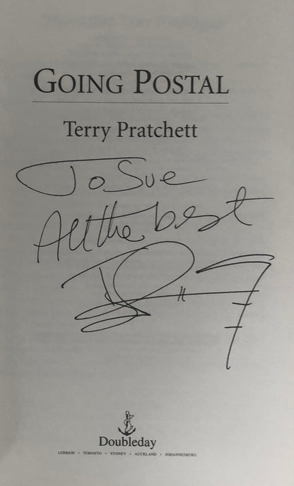 Terry Pratchett's inscription and Signature to title page of Going Postal