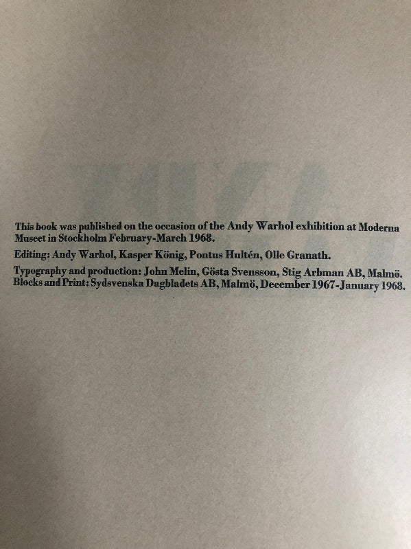 Publication info from Andy Warhol, Stockholm Exhibition Catalogue First Edition