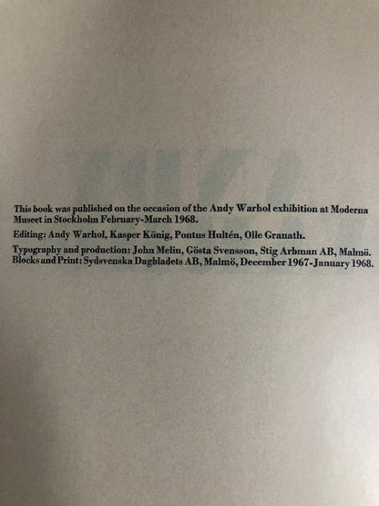 Publication info from Andy Warhol, Stockholm Exhibition Catalogue First Edition