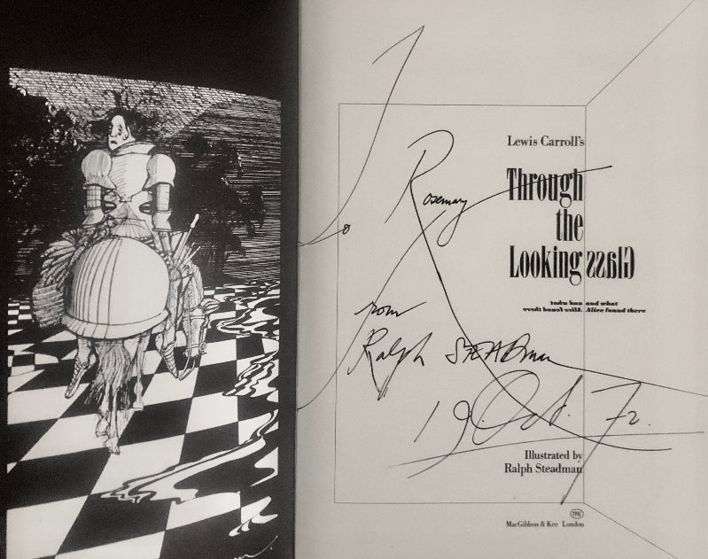 Ralph Steadman's signature and inscription to title page of Lewis Carrol's Through the Looking Glass