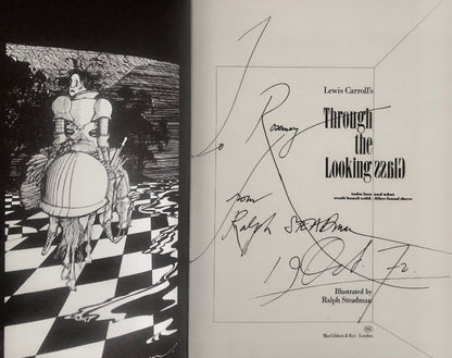 Ralph Steadman's signature and inscription to title page of Lewis Carrol's Through the Looking Glass