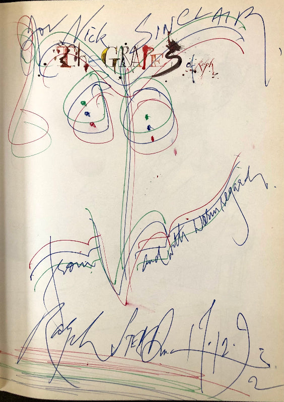 Close-up of Ralph Steadman's  inscription and self-portrait on the half-title of The Grapes of Raph