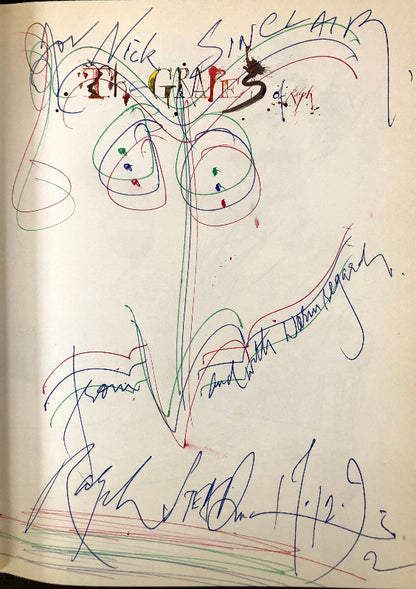Close-up of Ralph Steadman's  inscription and self-portrait on the half-title of The Grapes of Raph