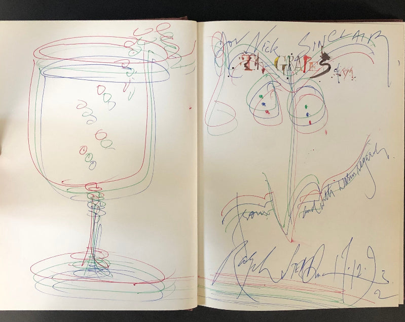 Ralph Steadman's inscription and drawings at the half-title of The Grapes of Ralph