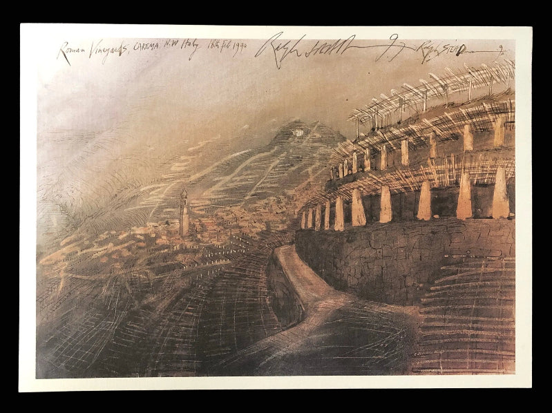 Ralph Steadman, Signed Oddbins Print, Roman Vineyards, Carema, NW Italy, 18th Feb 1990