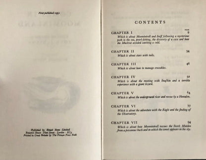 Publishing info for Comet in Moominland First UK edition 