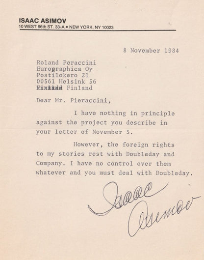 Isaac Asimov - Archive of 6 Typed Letters Signed, Autograph Postcard, Typed Annotated Document and more