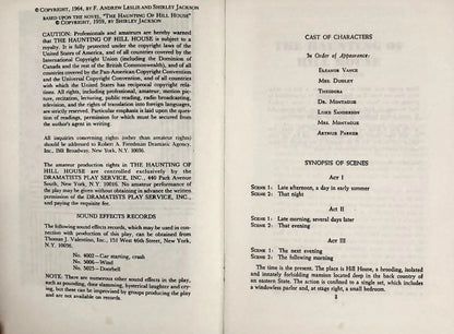 Shirley Jackson THE HAUNTING OF HILL HOUSE Playscript First edition, 1964